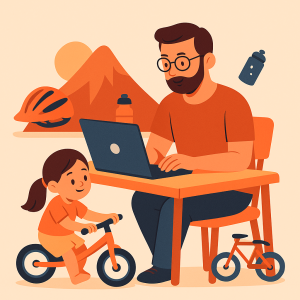 Papa ciclista con su hija, estilo ilustración