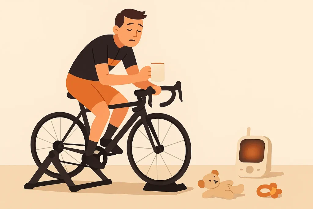 2025 siendo Padre y ciclista: ¿que he aprendido? 4 Padre y ciclista tratando de entrenar sin dormir en el rodillo con café en la mano y su bebé dormido al fondo