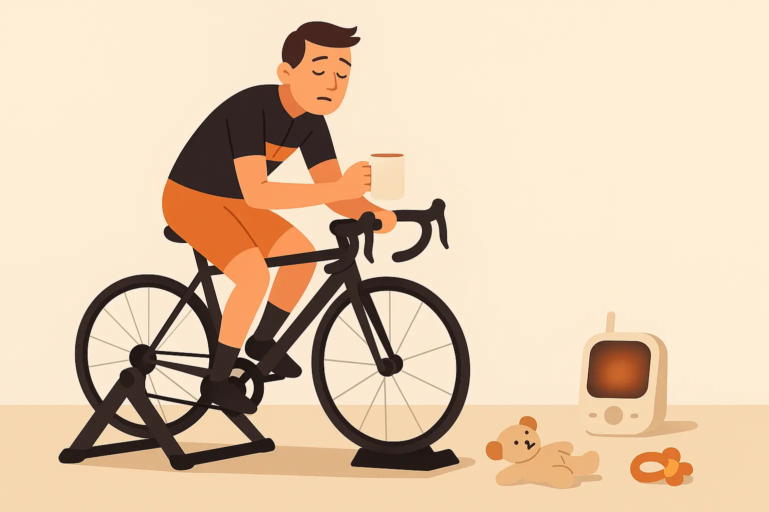 Padre y ciclista tratando de entrenar sin dormir en el rodillo con café en la mano y su bebé dormido al fondo