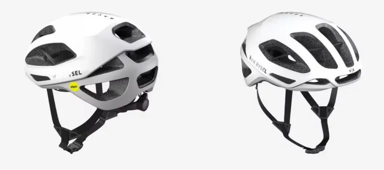 Casco Van Rysel RCR MIPS en color blanco visto de perfil, mostrando ventilación superior y diseño ligero ideal para rutas en clima cálido.