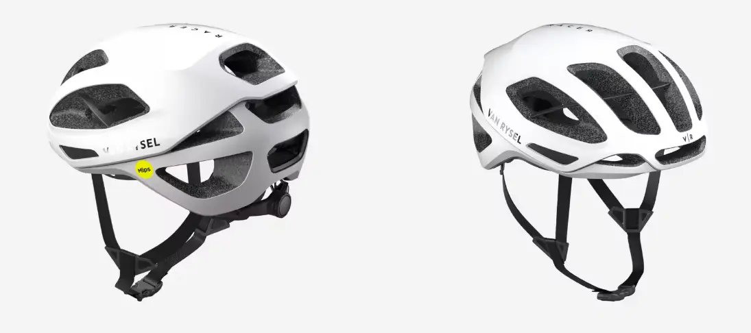 Casco Van Rysel RCR MIPS en color blanco visto de perfil, mostrando ventilación superior y diseño ligero ideal para rutas en clima cálido.